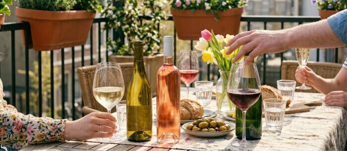 Lentewijnen header plaatje: tafel buiten met glazen rose, witte wijn, mousserend en rode wijn